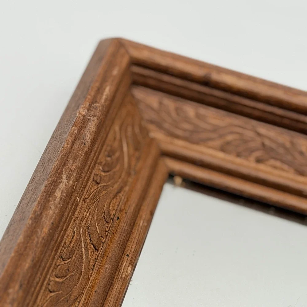 Vintage Carved Wood Square Wall Mirror Brown Leaf Scroll Ornate Frame Small
